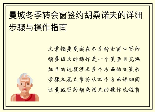 曼城冬季转会窗签约胡桑诺夫的详细步骤与操作指南